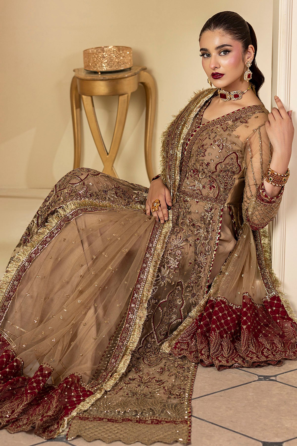 Pakistani Antique Gold Embroidered Net Long Dress (3-Piece) - Image 4