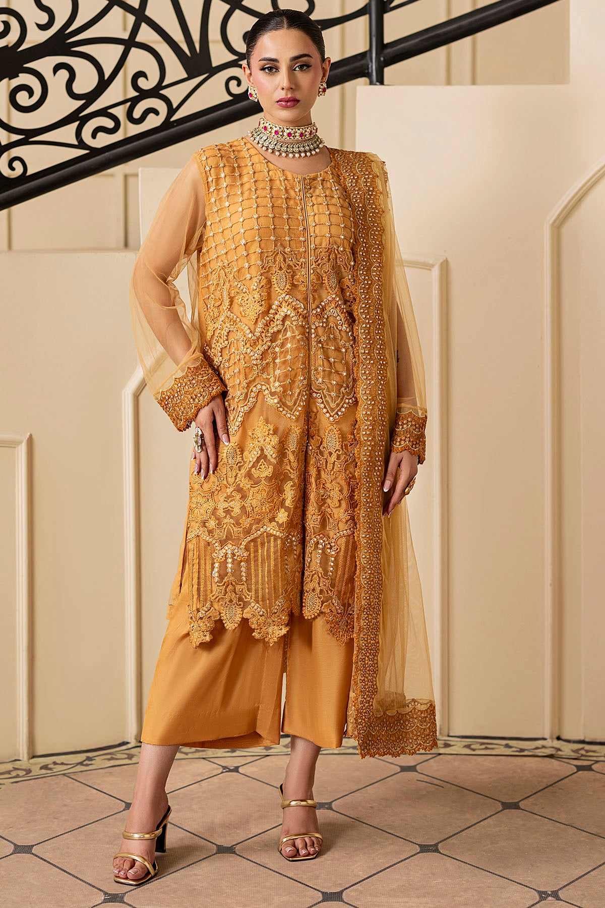 Golden Embroidered Net Salwar Kameez (3-Piece) - Image 1