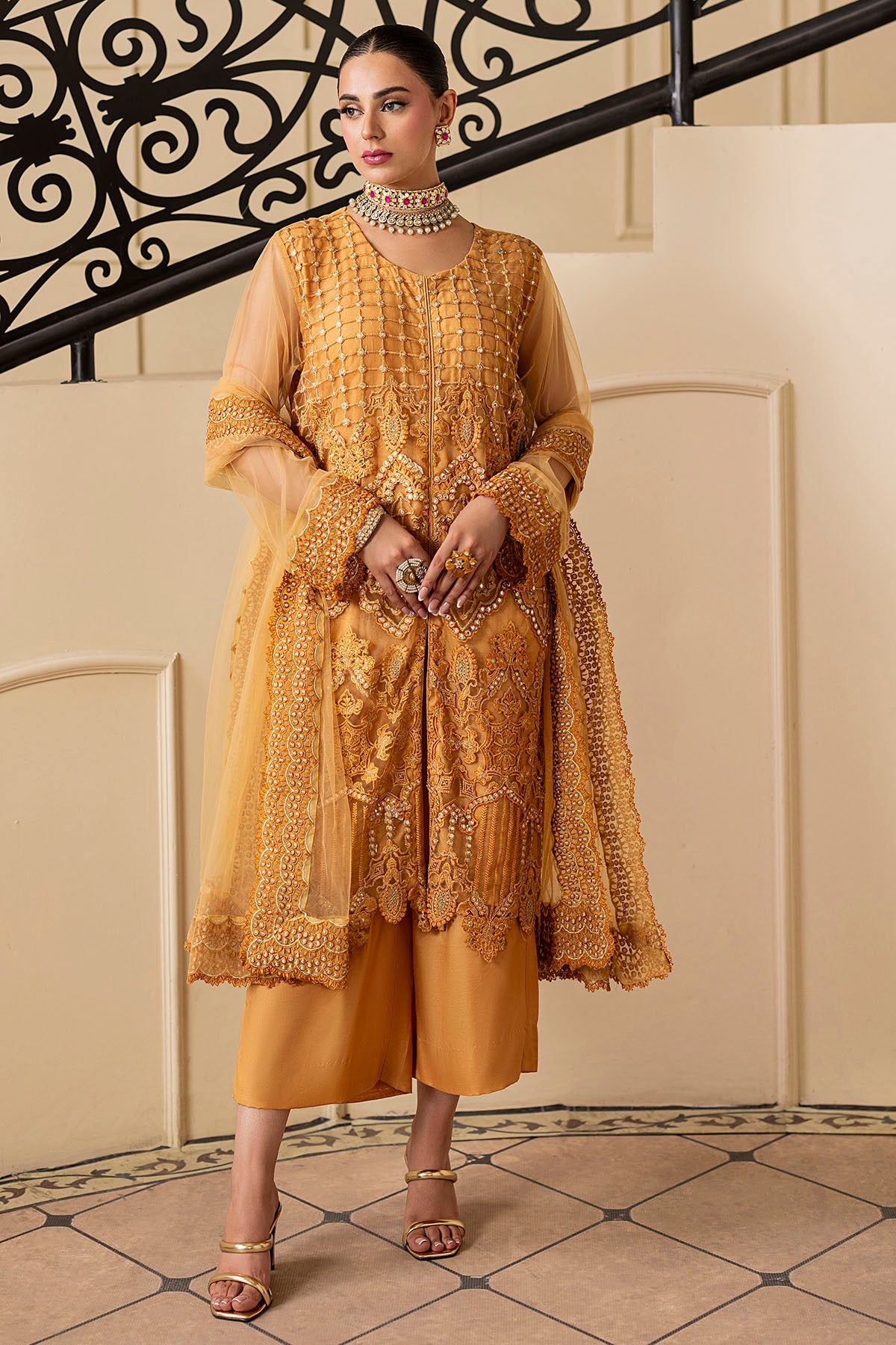 Golden Embroidered Net Salwar Kameez (3-Piece) - Image 2