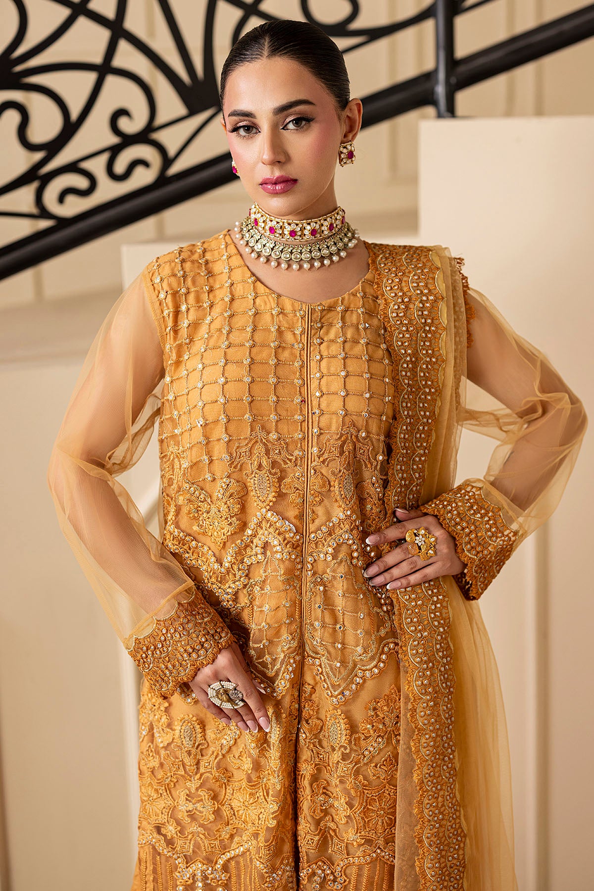 Golden Embroidered Net Salwar Kameez (3-Piece) - Image 3