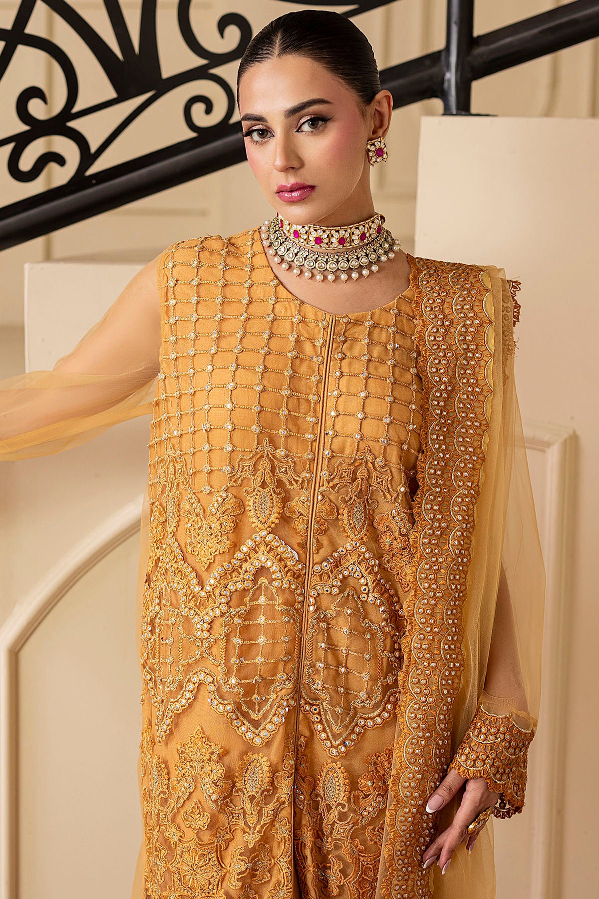 Golden Embroidered Net Salwar Kameez (3-Piece) - Image 4