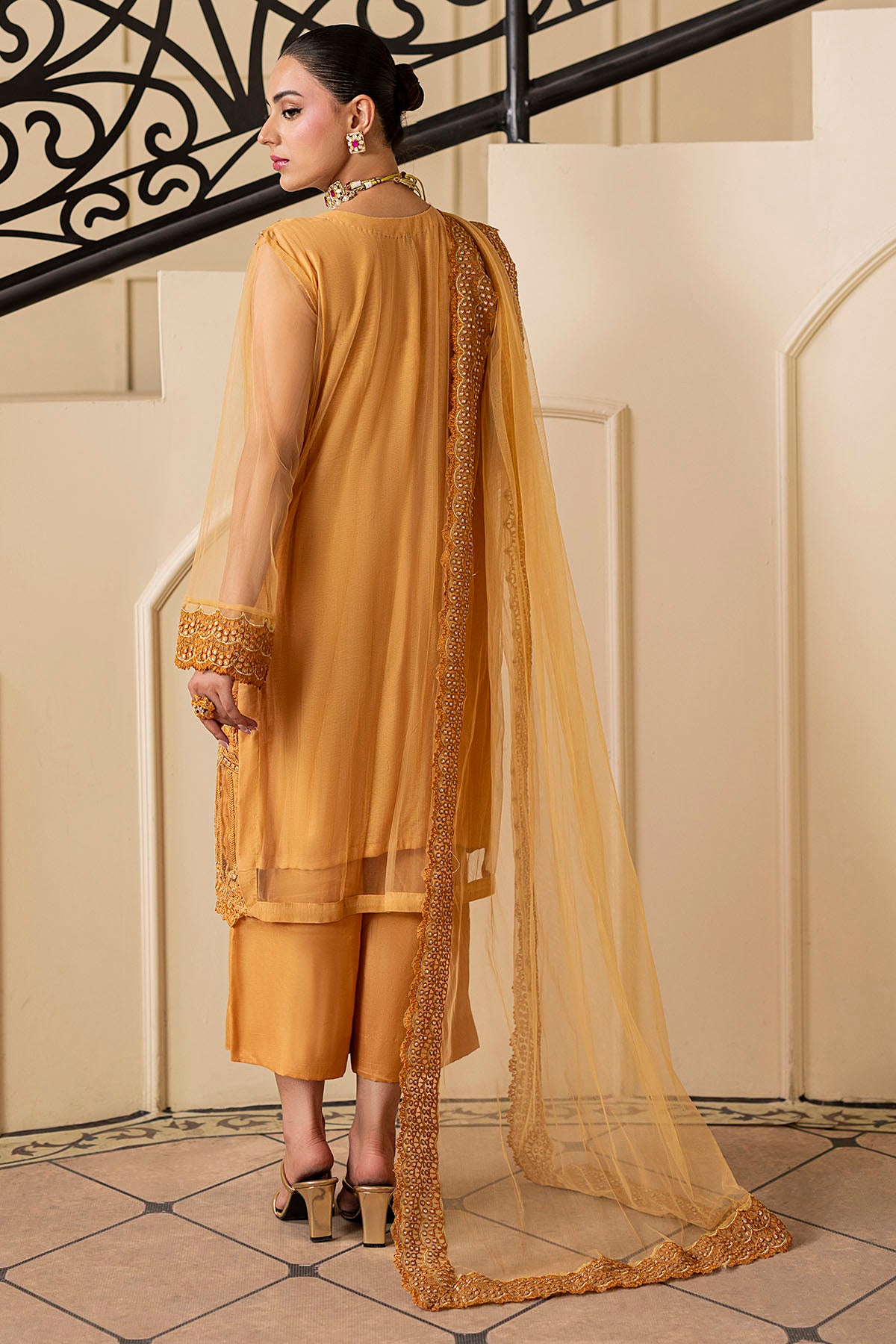 Golden Embroidered Net Salwar Kameez (3-Piece) - Image 5