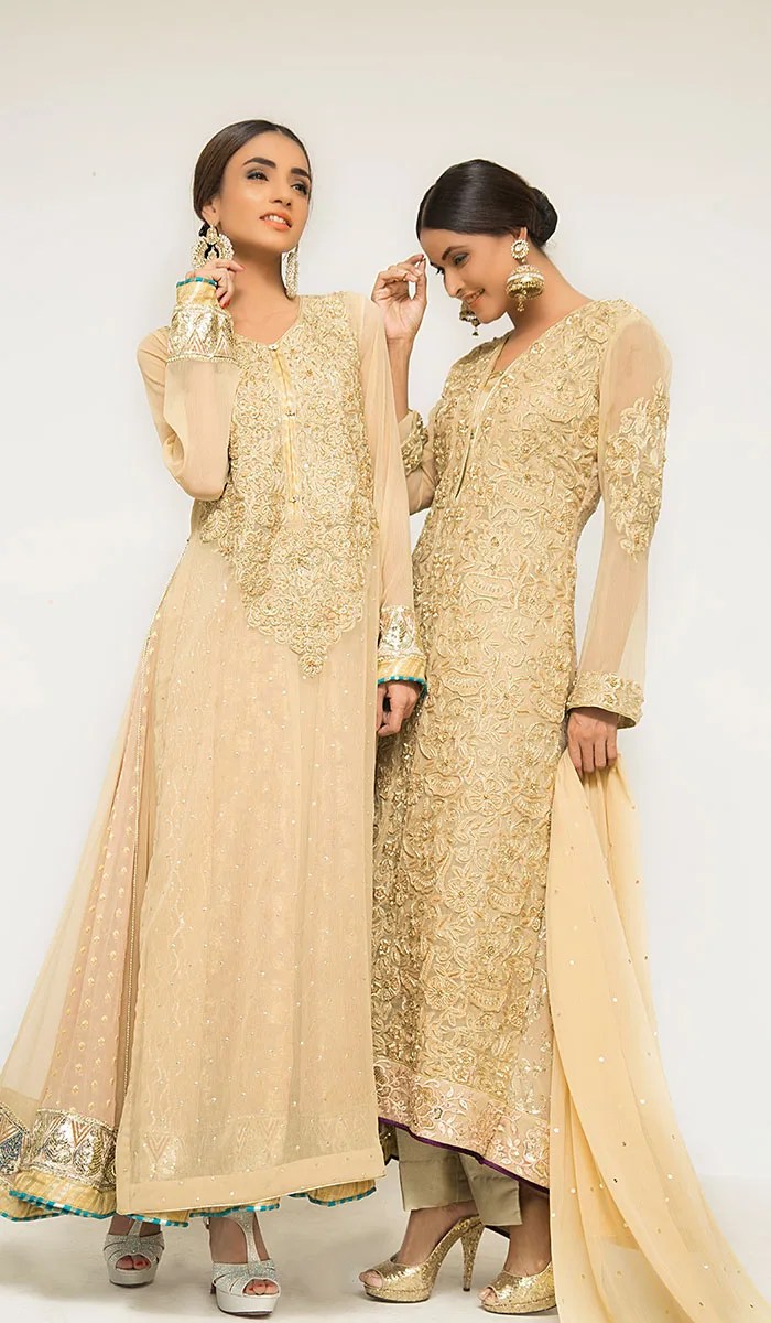 Pakistani Champagne Gold Embroidered Net Salwar Kameez (3-Piece) - Image 1