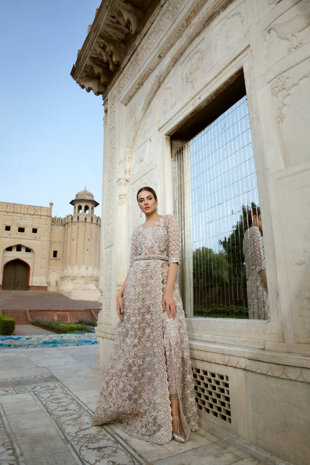 Pakistani Champagne Embroidered Net Long Jacket & Trousers (2-Piece) - Image 3