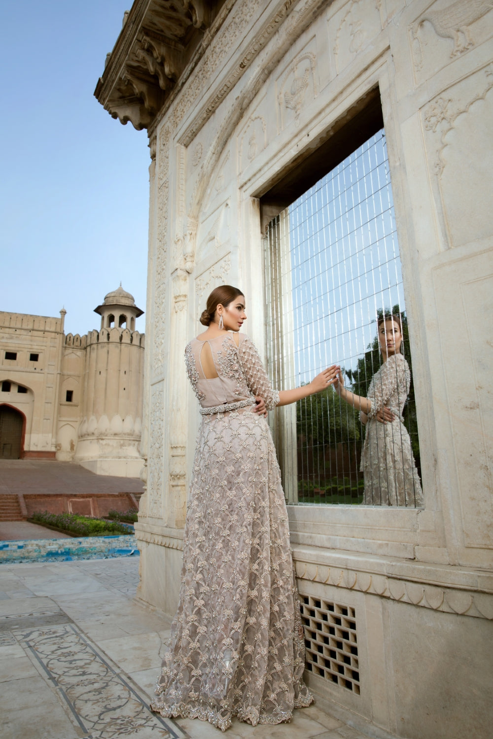 Pakistani Champagne Embroidered Net Long Jacket & Trousers (2-Piece) - Image 4