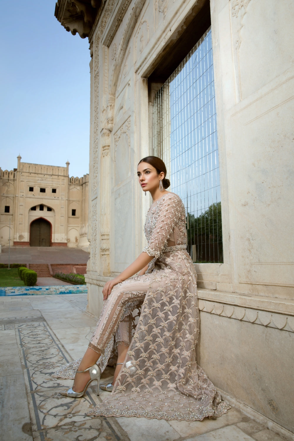 Pakistani Champagne Embroidered Net Long Jacket & Trousers (2-Piece) - Image 6