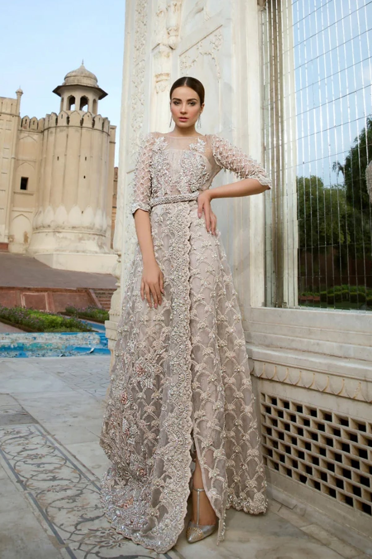 Champagne Embroidered Net Long Jacket Dress (2-Piece) - Image 1
