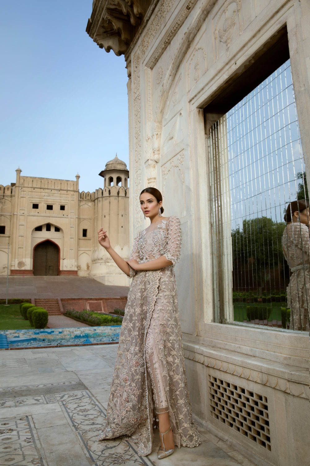 Champagne Embroidered Net Long Jacket Dress (2-Piece) - Image 2