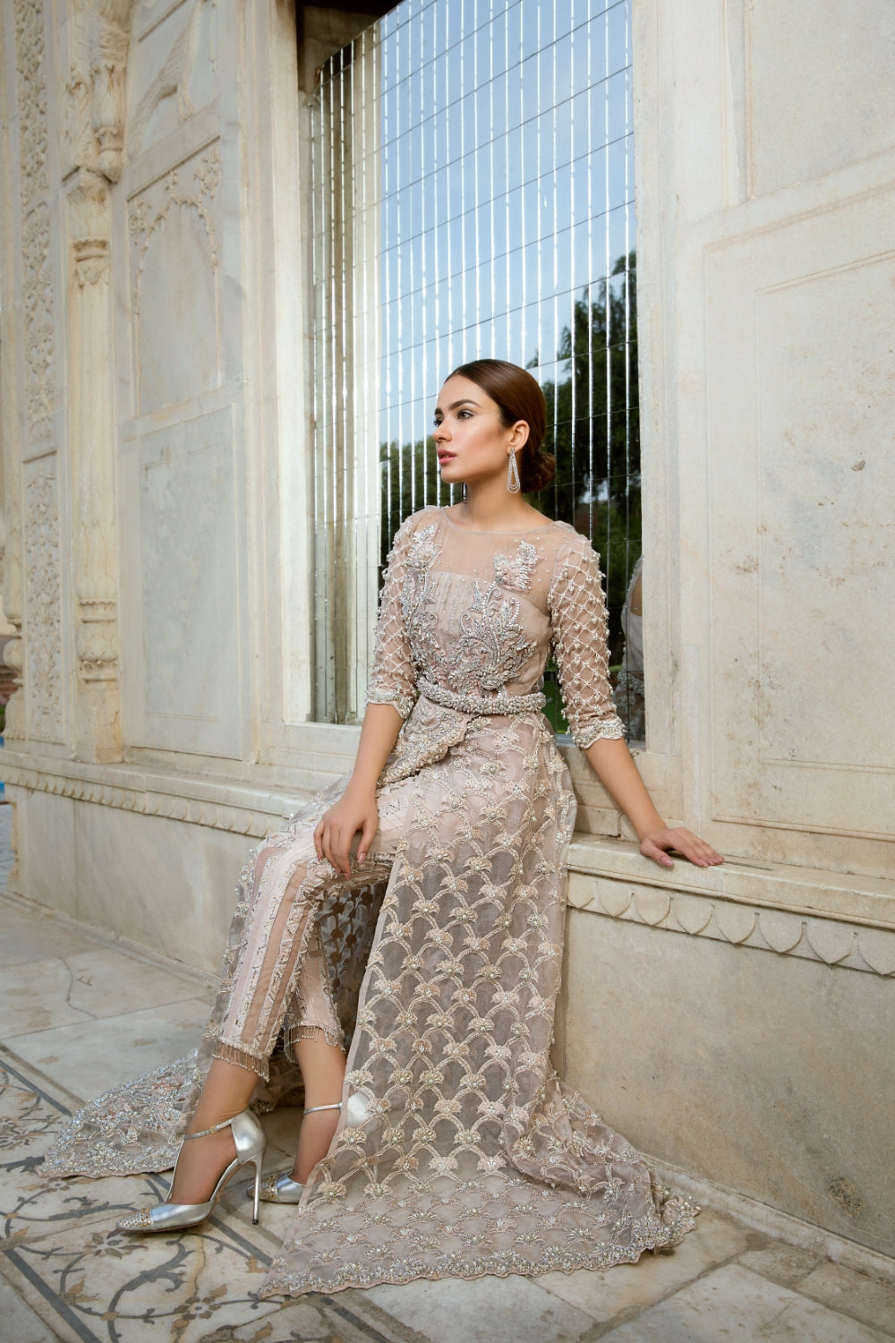 Champagne Embroidered Net Long Jacket Dress (2-Piece) - Image 5
