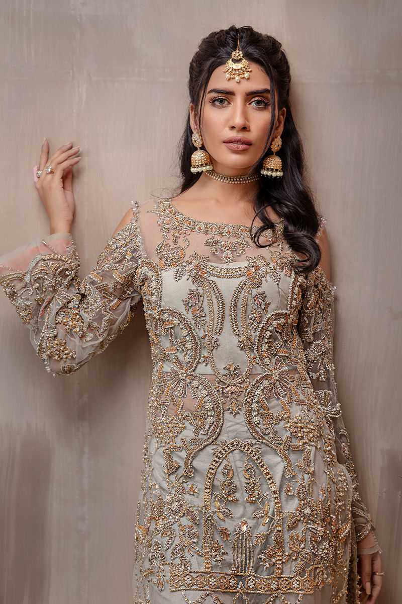 Pakistani Muted Gold and Silver Embroidered Net Salwar Kameez (2-Piece) - Image 1