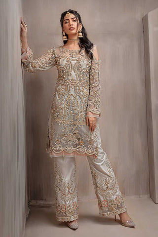 Pakistani Muted Gold and Silver Embroidered Net Salwar Kameez (2-Piece) - Image 3