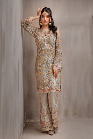 Pakistani Muted Gold and Silver Embroidered Net Salwar Kameez (2-Piece) - Image 4