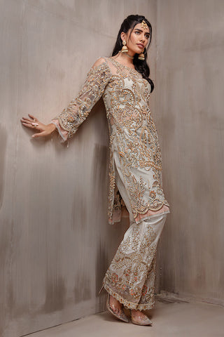Pakistani Muted Gold and Silver Embroidered Net Salwar Kameez (2-Piece) - Image 5