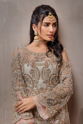 Pakistani Muted Gold and Silver Embroidered Net Salwar Kameez (2-Piece) - Image 6