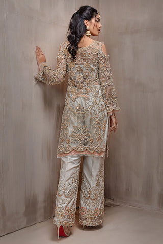 Pakistani Muted Gold and Silver Embroidered Net Salwar Kameez (2-Piece) - Image 7