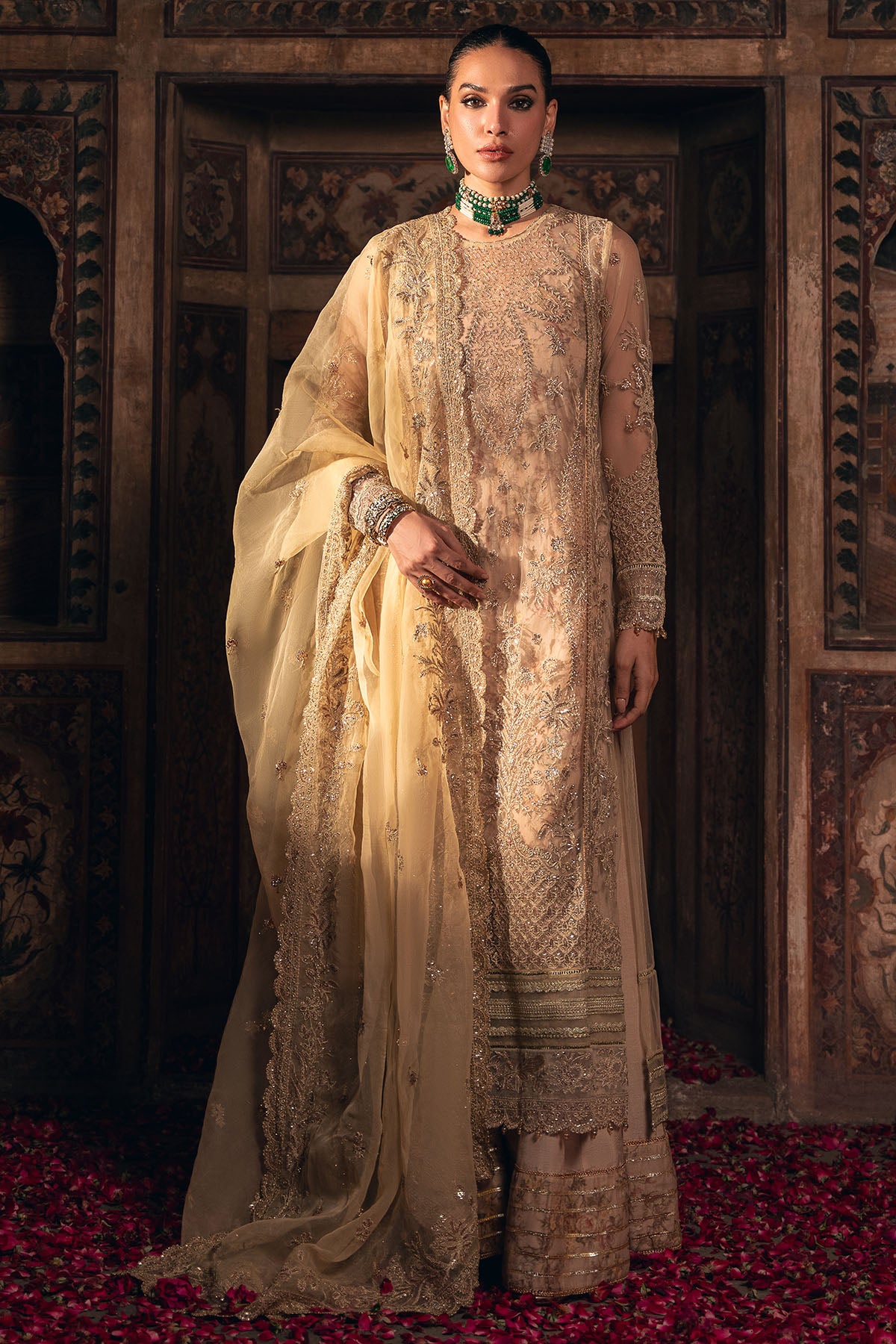 Champagne Embroidered Net & Organza Salwar Kameez (3-Piece) - Image 1