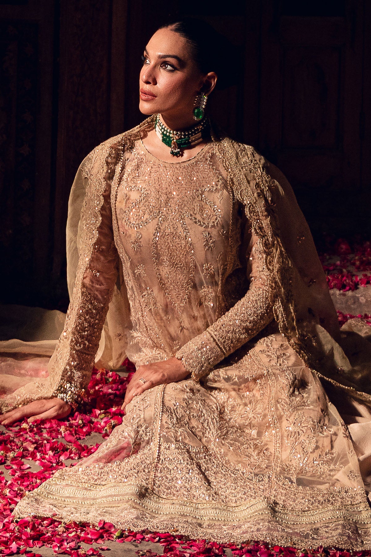 Champagne Embroidered Net & Organza Salwar Kameez (3-Piece) - Image 2