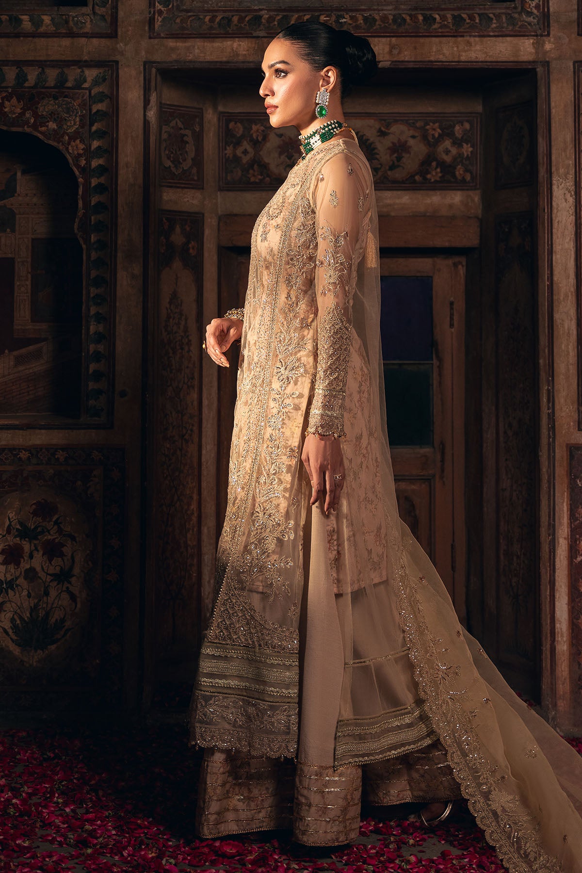 Champagne Embroidered Net & Organza Salwar Kameez (3-Piece) - Image 3