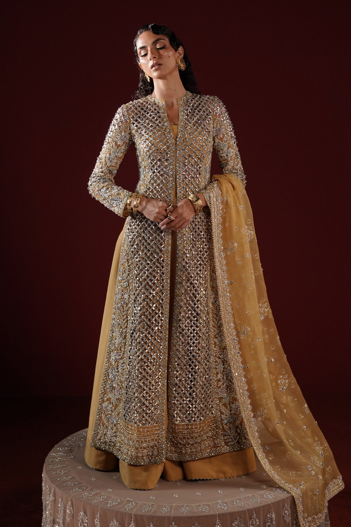 Antique Gold Embroidered Net Long Jacket (3-Piece) - Image 1