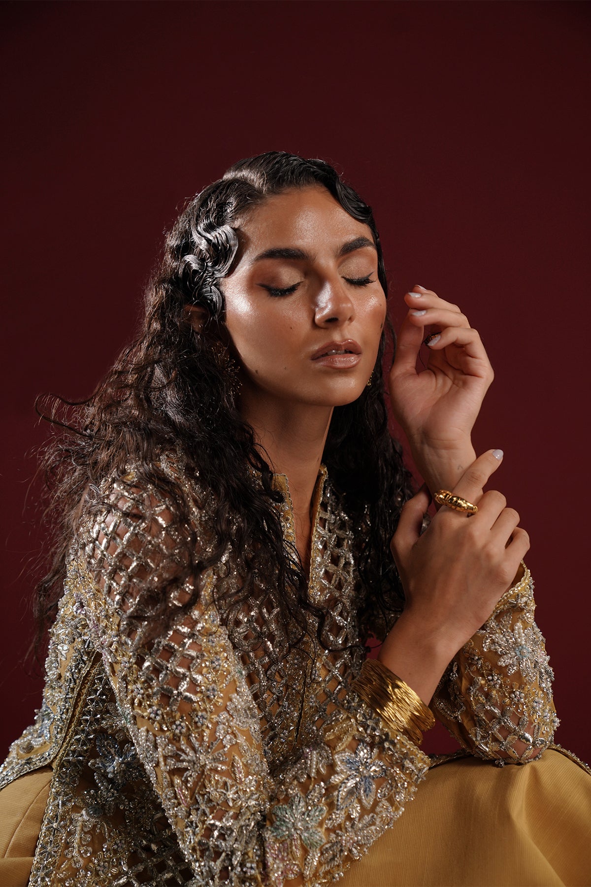 Antique Gold Embroidered Net Long Jacket (3-Piece) - Image 10