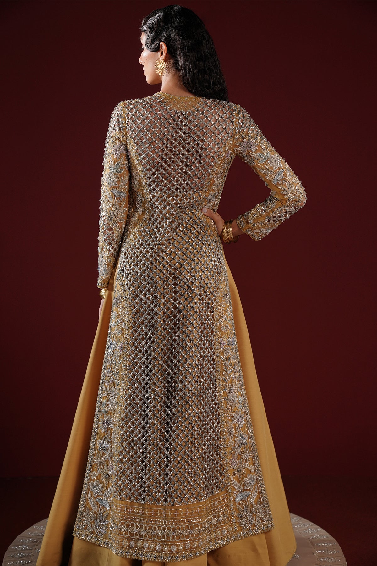 Antique Gold Embroidered Net Long Jacket (3-Piece) - Image 2