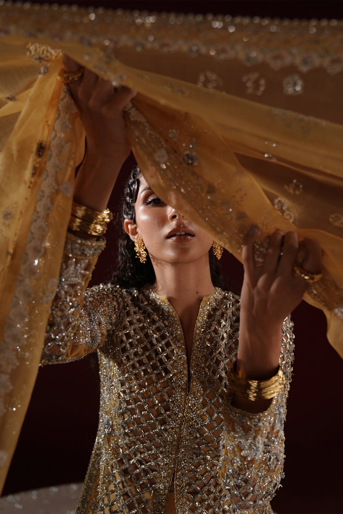 Antique Gold Embroidered Net Long Jacket (3-Piece) - Image 3