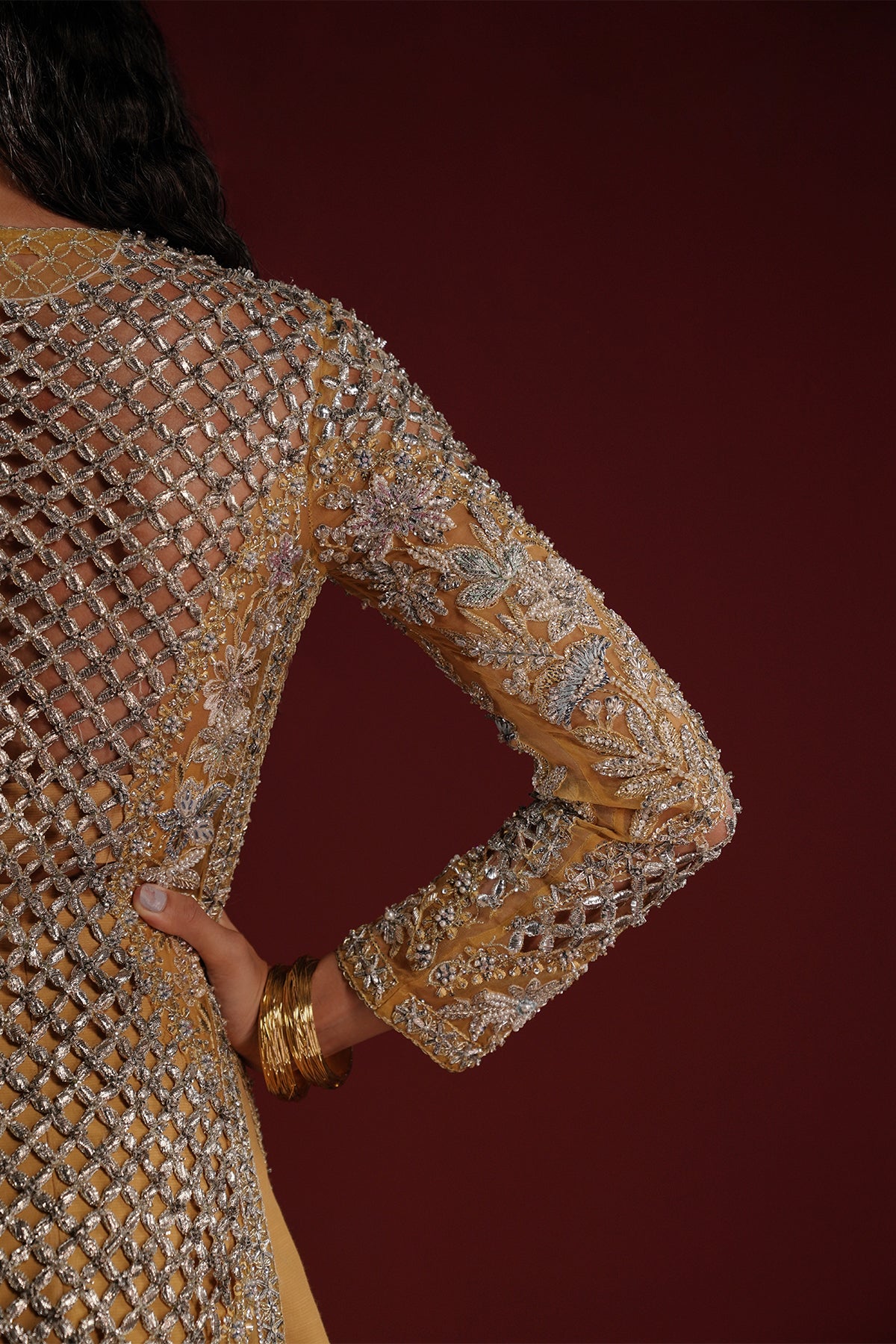 Antique Gold Embroidered Net Long Jacket (3-Piece) - Image 4