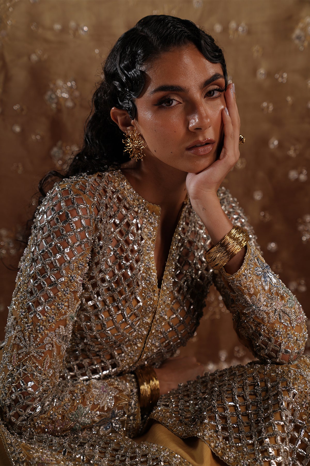 Antique Gold Embroidered Net Long Jacket (3-Piece) - Image 5