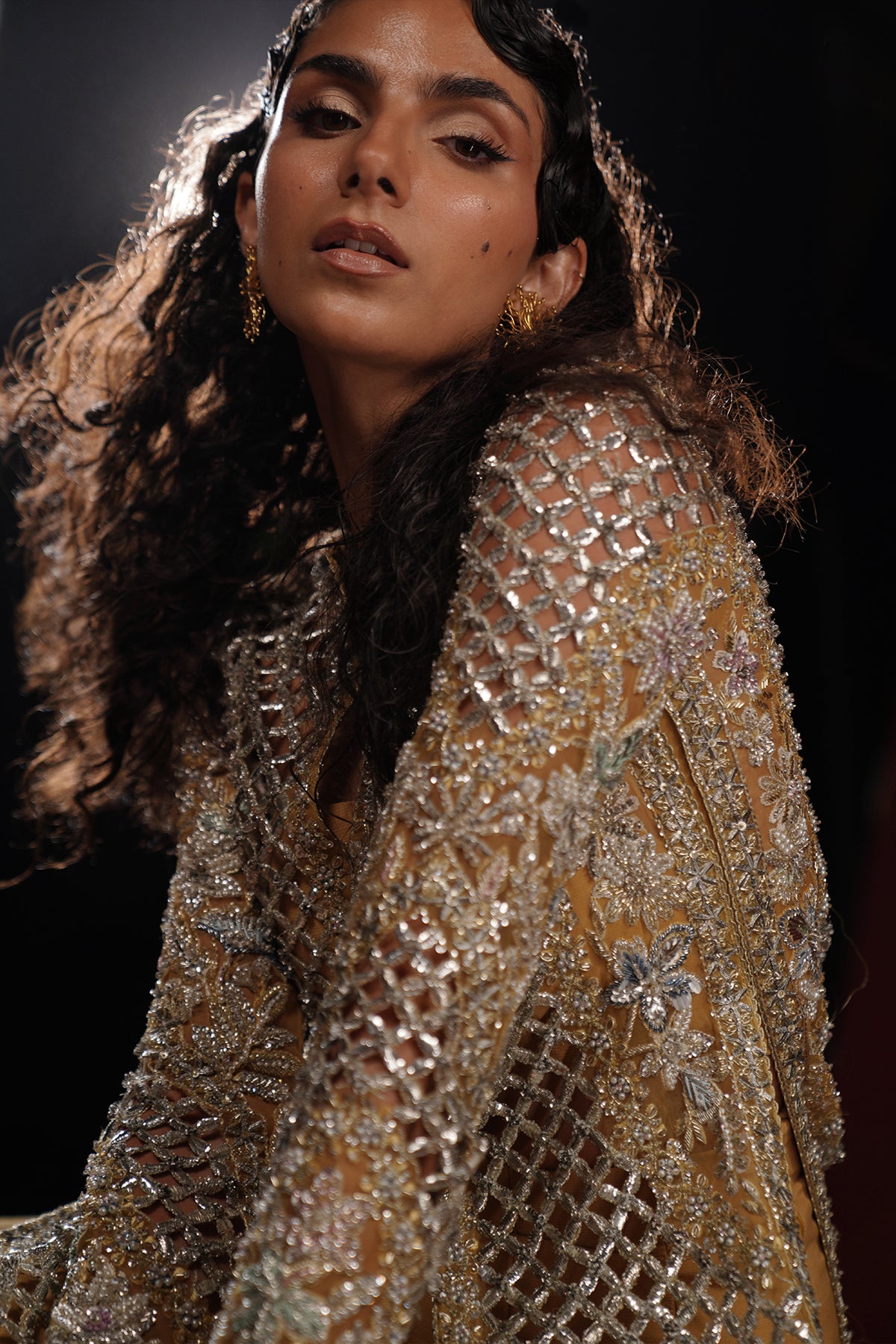 Antique Gold Embroidered Net Long Jacket (3-Piece) - Image 6