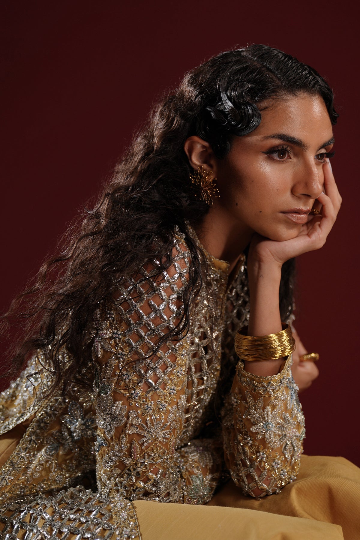 Antique Gold Embroidered Net Long Jacket (3-Piece) - Image 7