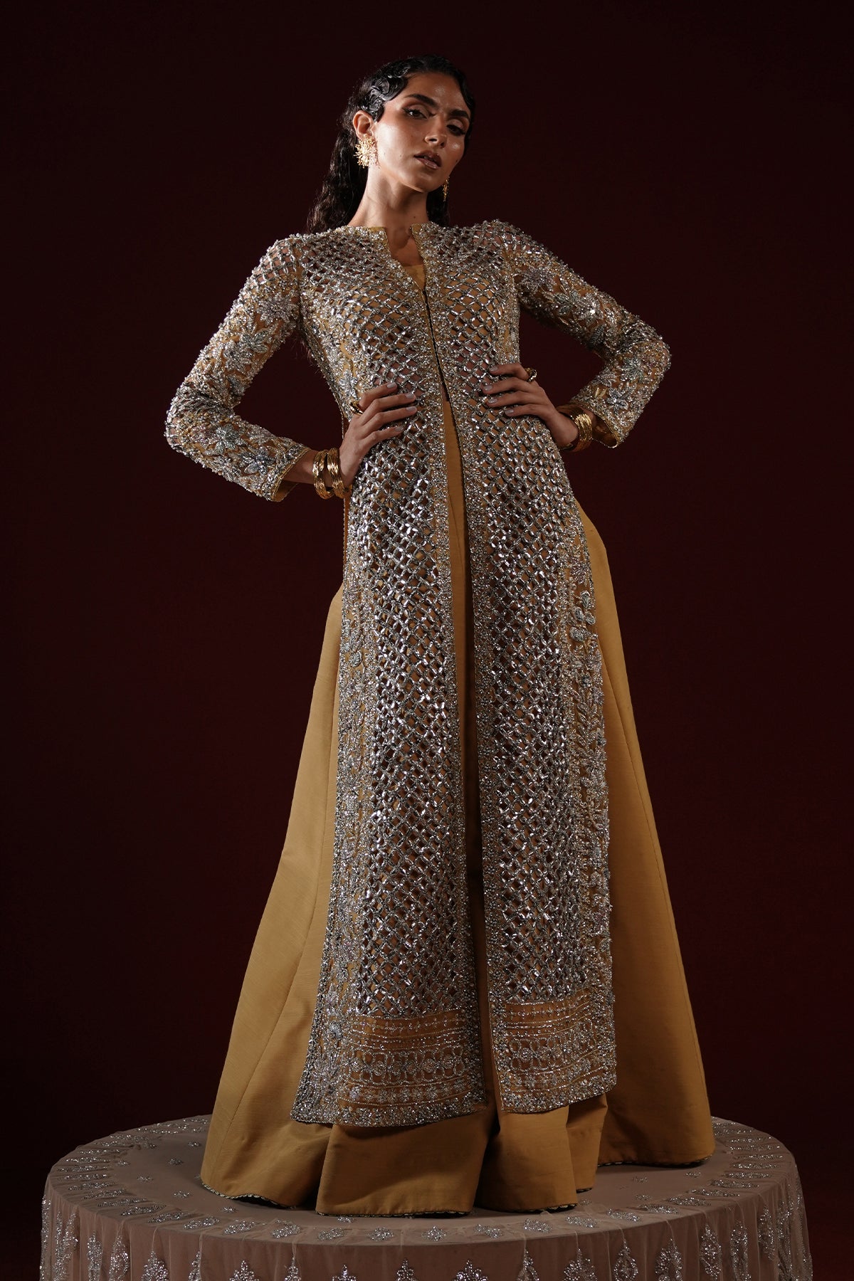 Antique Gold Embroidered Net Long Jacket (3-Piece) - Image 8