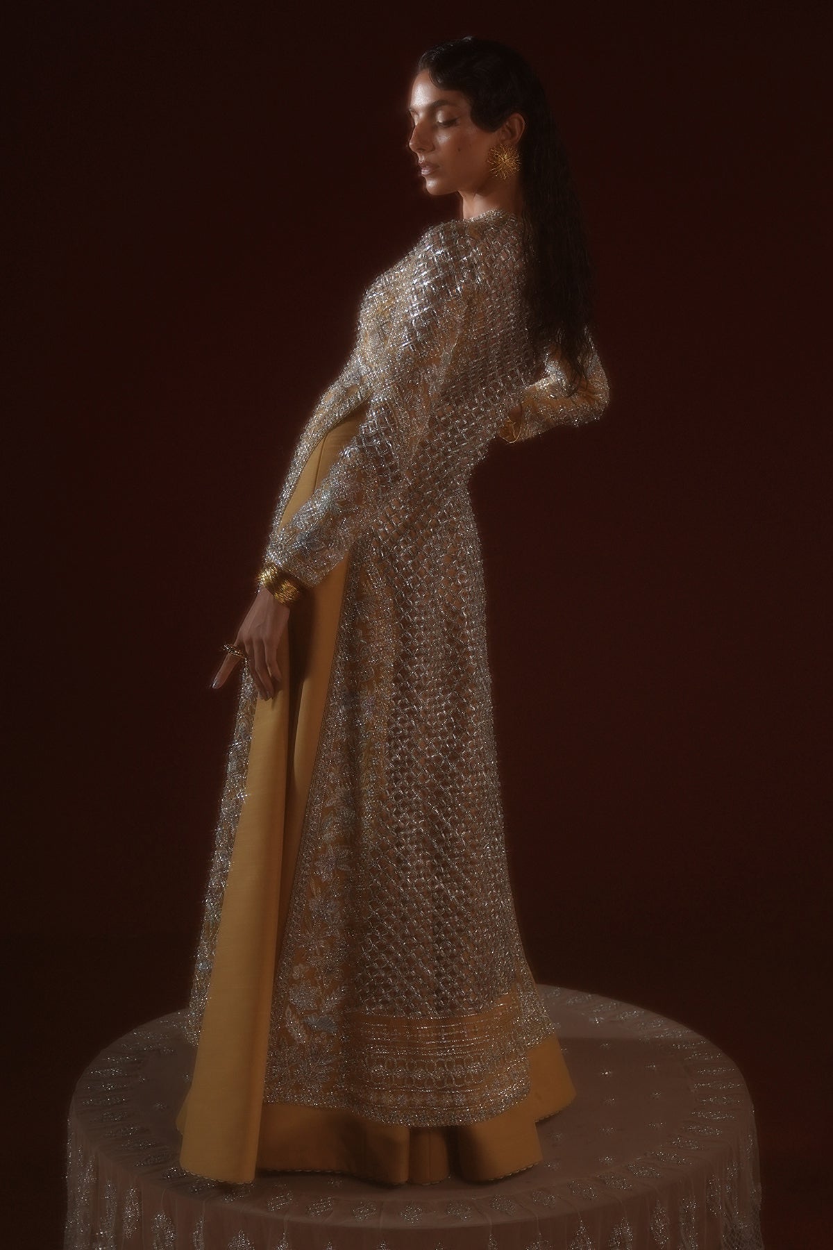 Antique Gold Embroidered Net Long Jacket (3-Piece) - Image 9