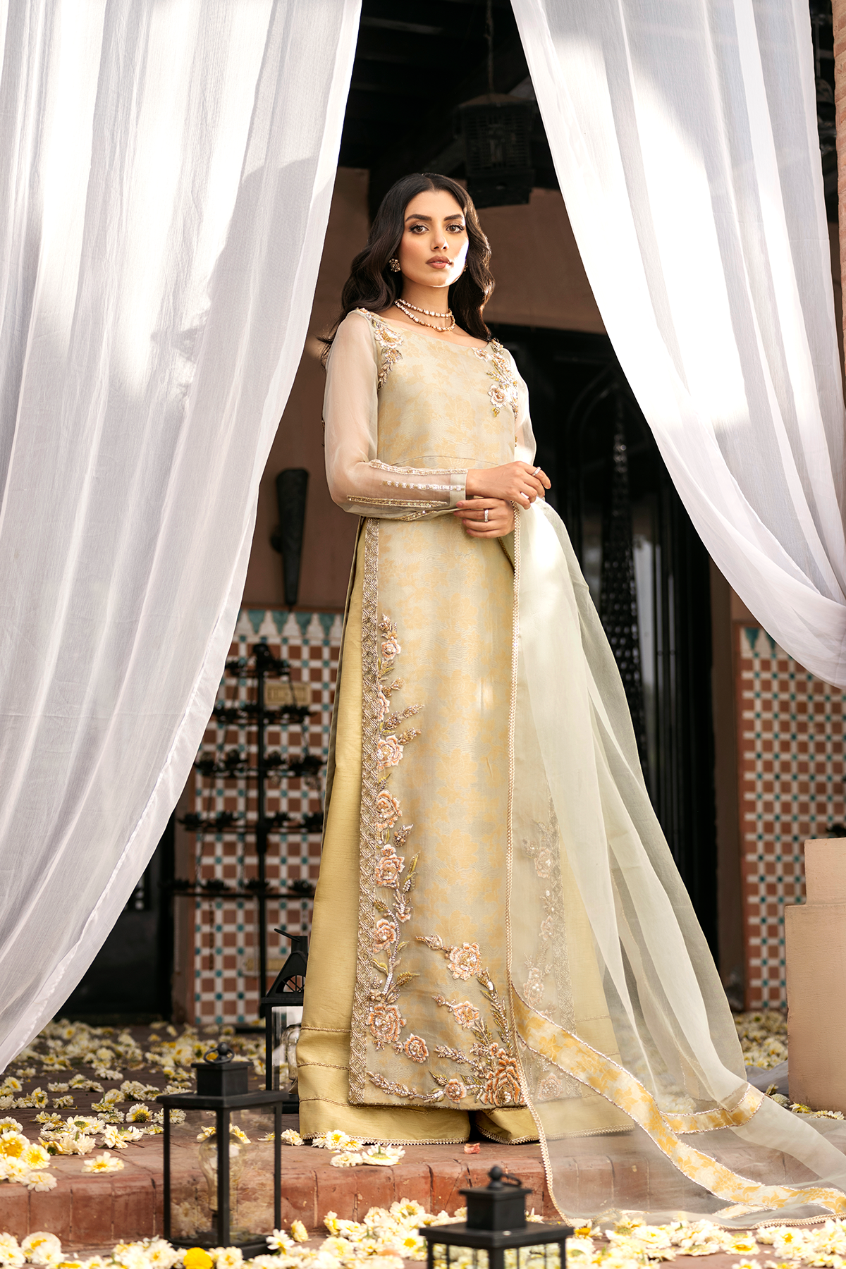 Pakistani Old Gold Embroidered Organza Salwar Kameez (3-Piece) - Image 1