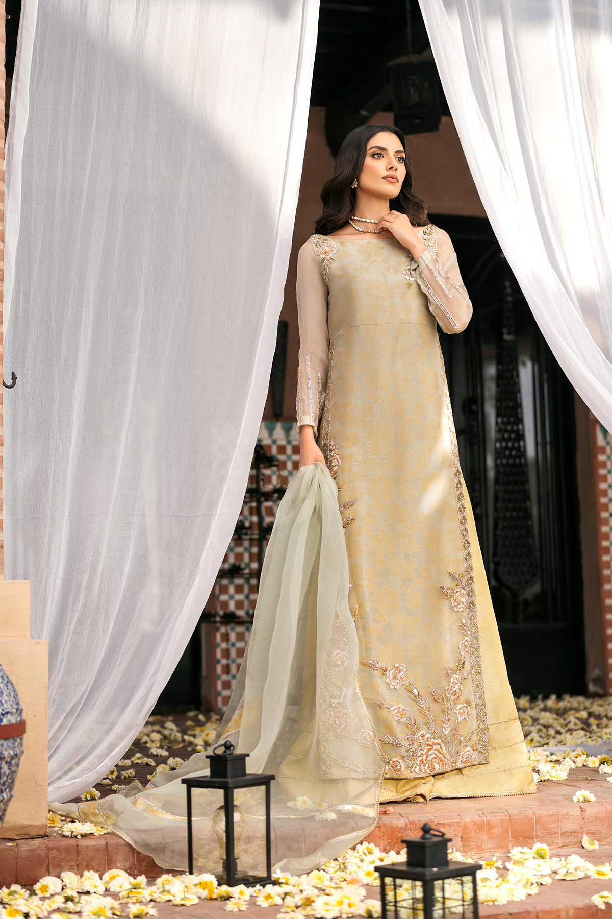 Pakistani Old Gold Embroidered Organza Salwar Kameez (3-Piece) - Image 2