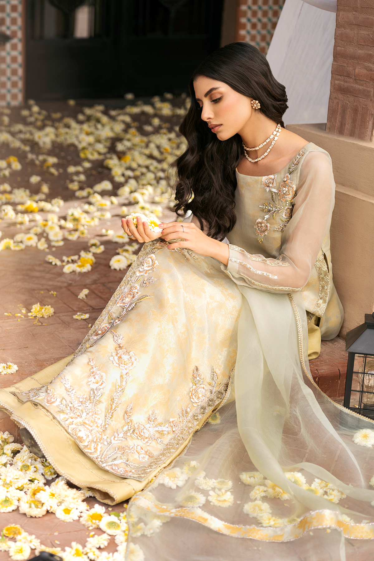 Pakistani Old Gold Embroidered Organza Salwar Kameez (3-Piece) - Image 4