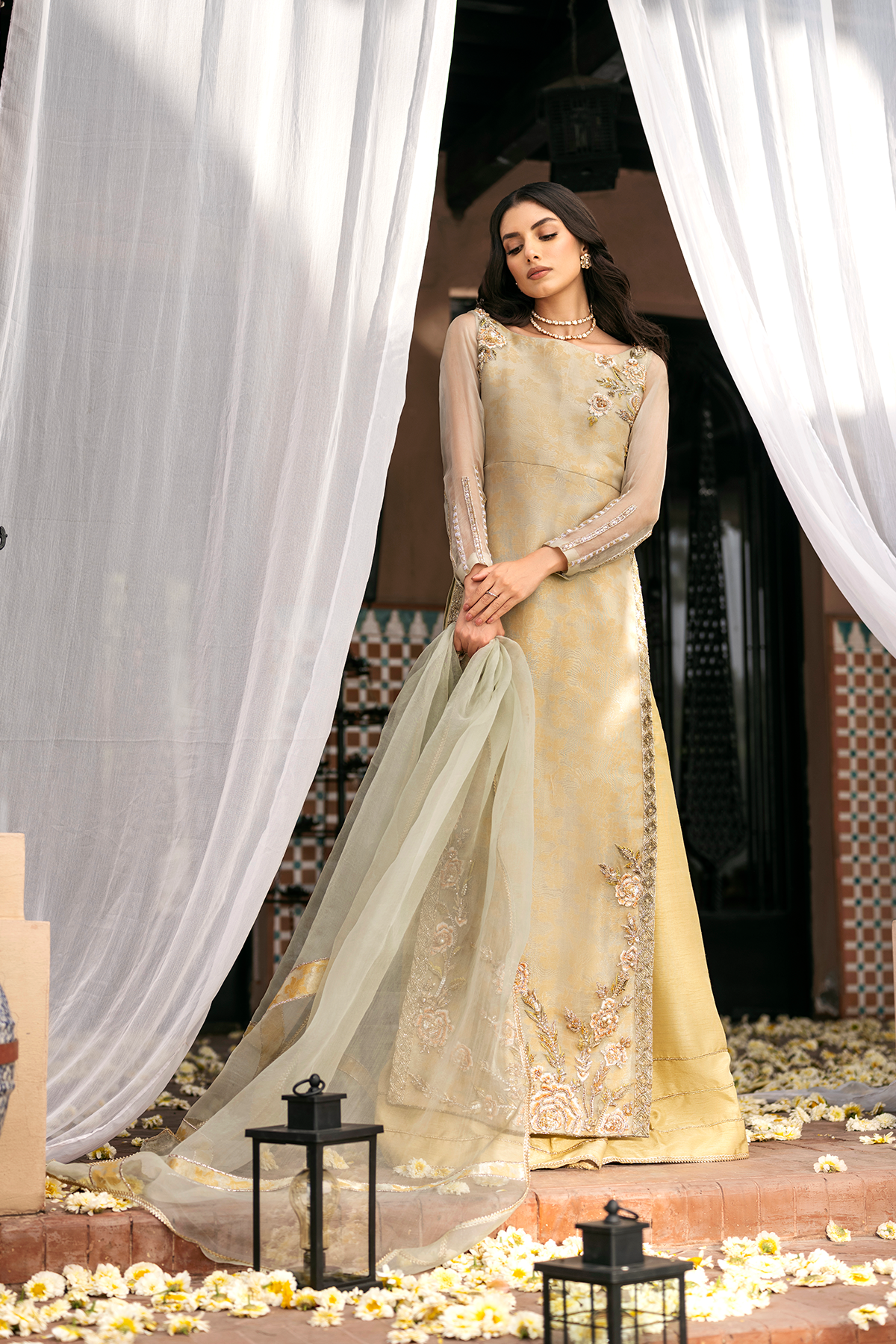 Pakistani Old Gold Embroidered Organza Salwar Kameez (3-Piece) - Image 5