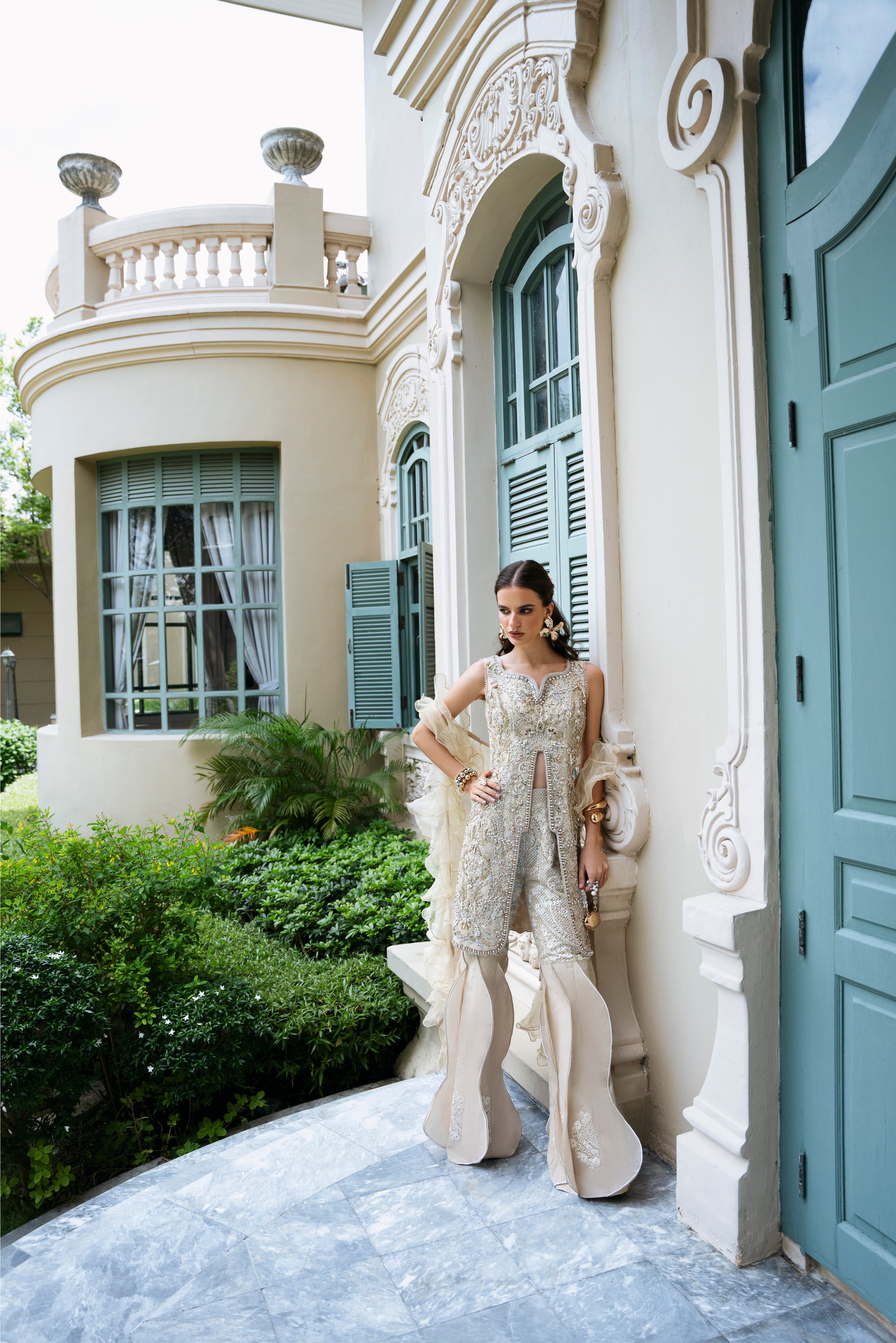 Pakistani Champagne Gold Hand-Beaded Organza Salwar Kameez (3-Piece) - Image 1