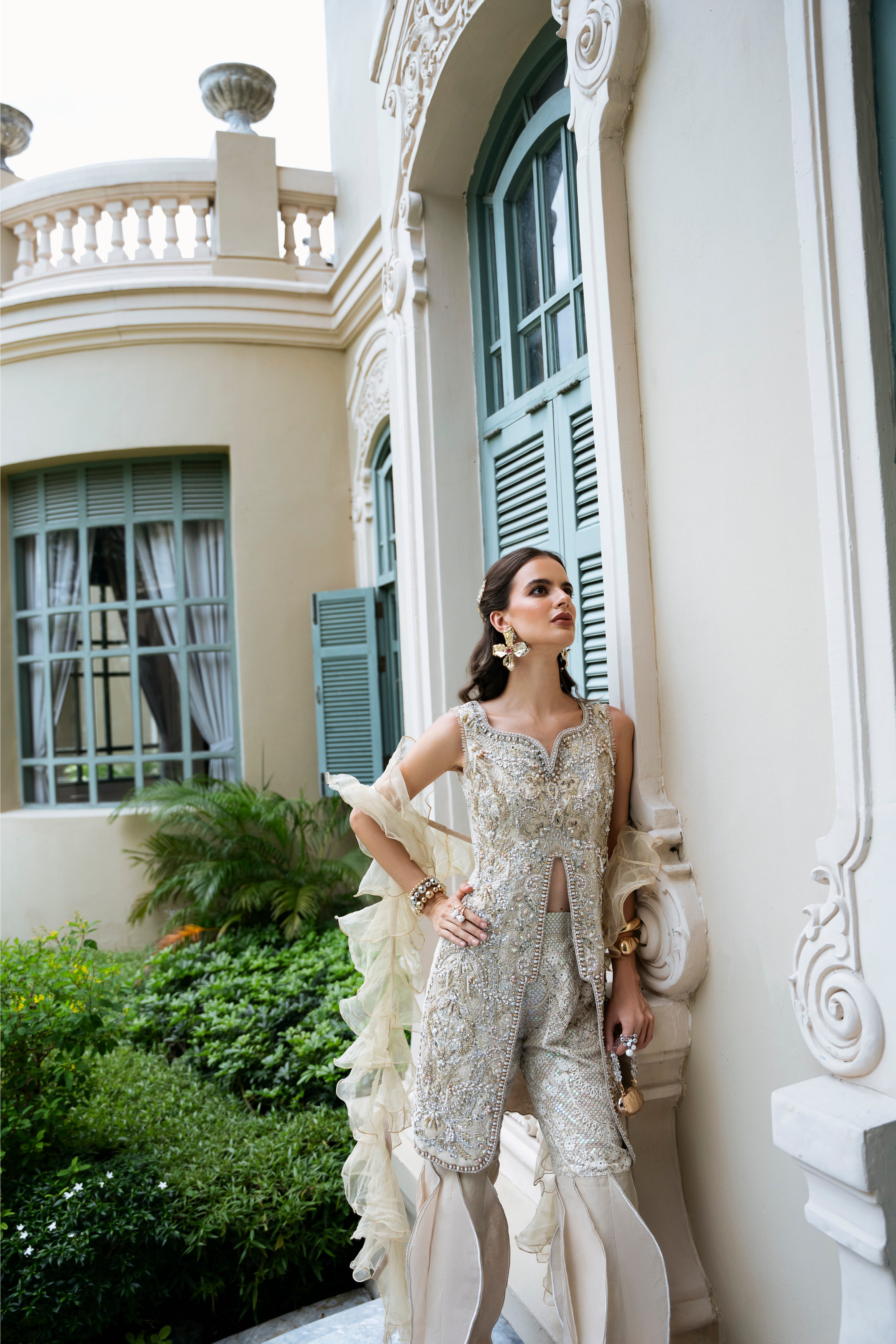 Pakistani Champagne Gold Hand-Beaded Organza Salwar Kameez (3-Piece) - Image 5