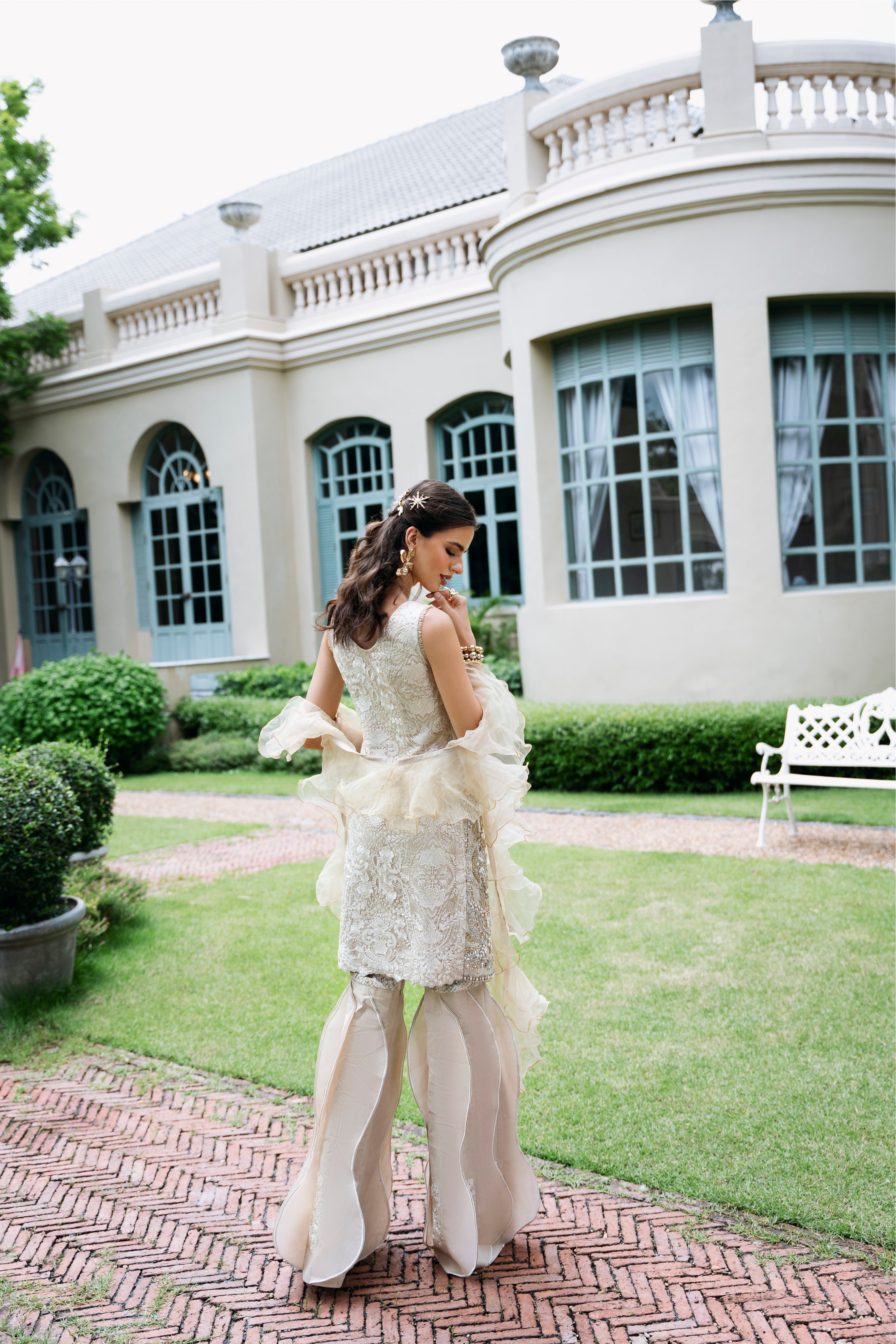 Pakistani Champagne Gold Hand-Beaded Organza Salwar Kameez (3-Piece) - Image 6