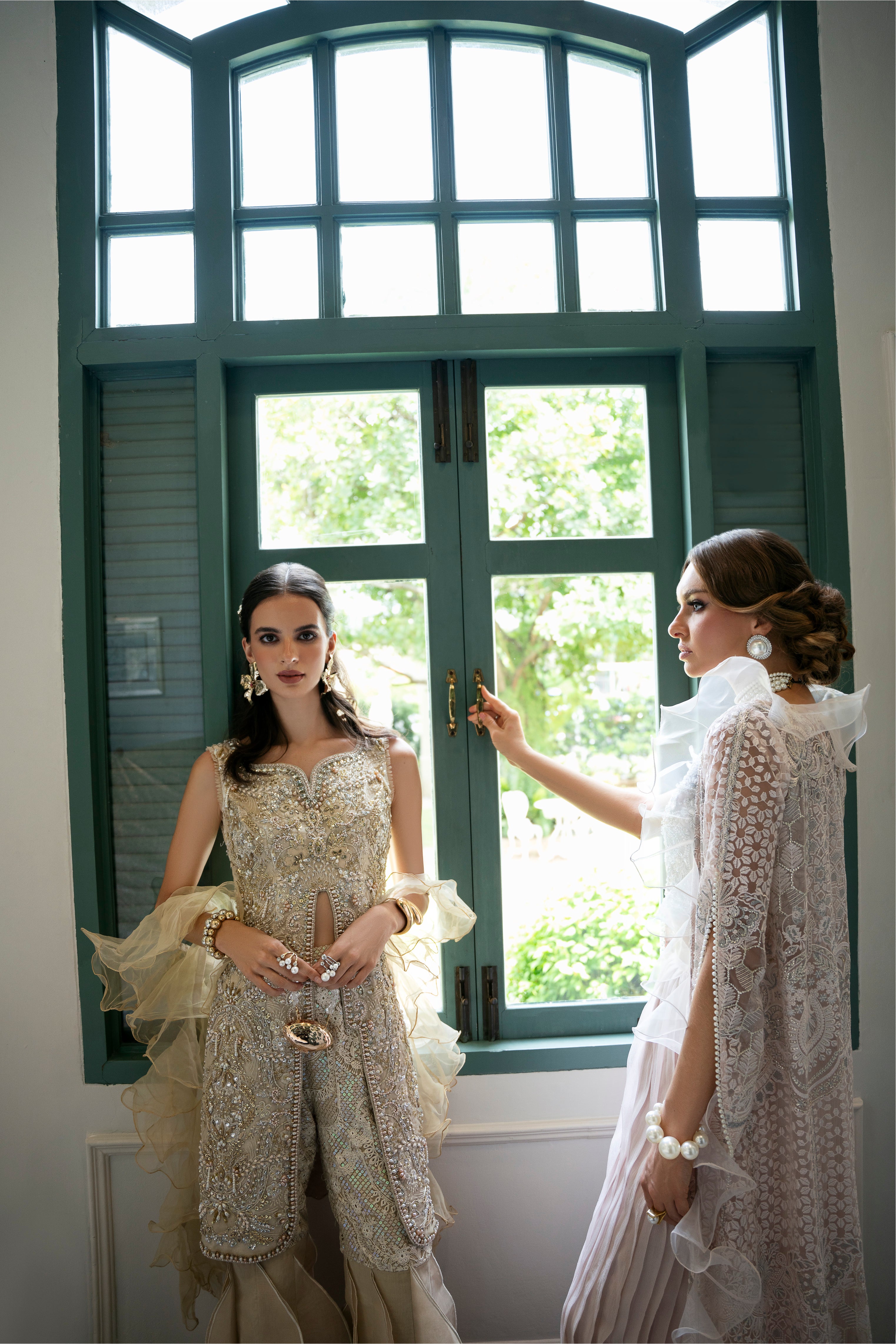 Pakistani Champagne Gold Hand-Beaded Organza Salwar Kameez (3-Piece) - Image 8