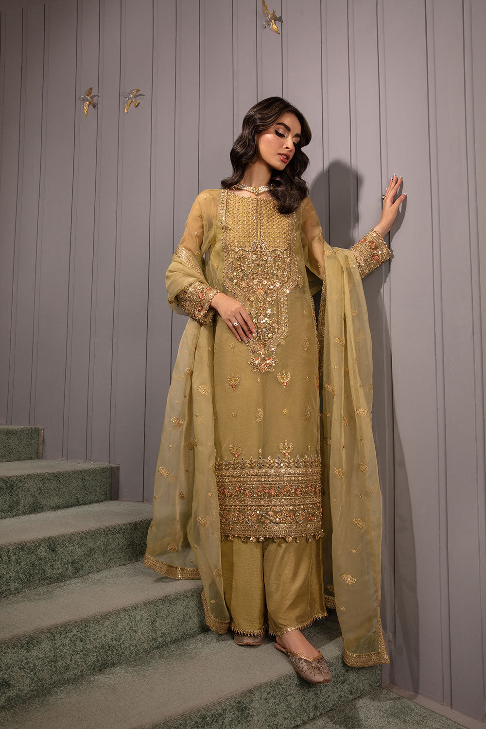 Gold Hand-Embellished Organza Salwar Kameez (3-Piece) - Image 2