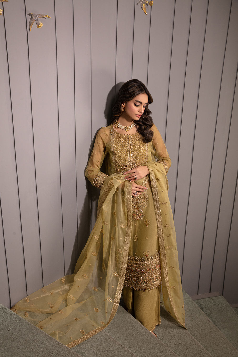 Gold Hand-Embellished Organza Salwar Kameez (3-Piece) - Image 3