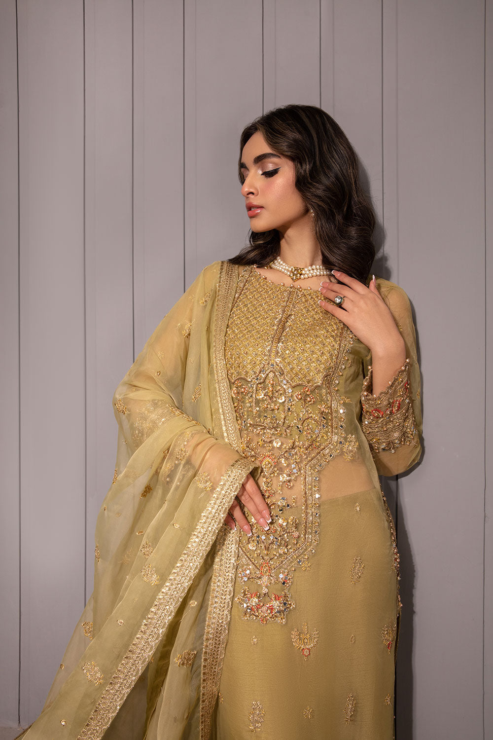 Gold Hand-Embellished Organza Salwar Kameez (3-Piece) - Image 6