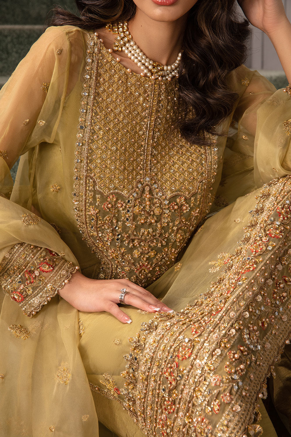 Gold Hand-Embellished Organza Salwar Kameez (3-Piece) - Image 8