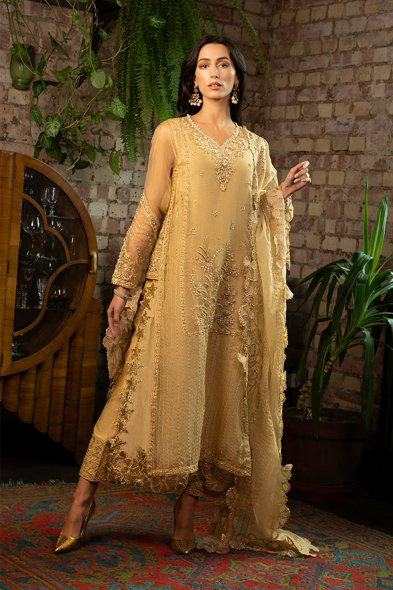 Pakistani Golden Embroidered Organza Salwar Kameez (3-Piece) - Image 1
