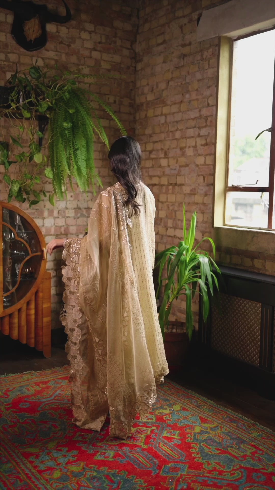 Pakistani Golden Embroidered Organza Salwar Kameez (3-Piece) - Image 8