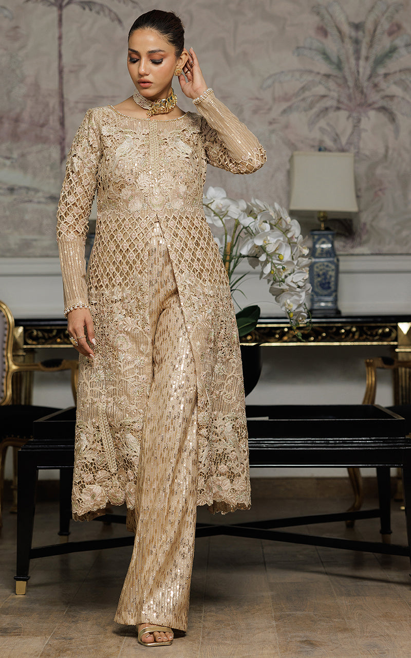 Champagne Embroidered Organza Jacket & Sequinned Trouser (2-Piece) - Image 2