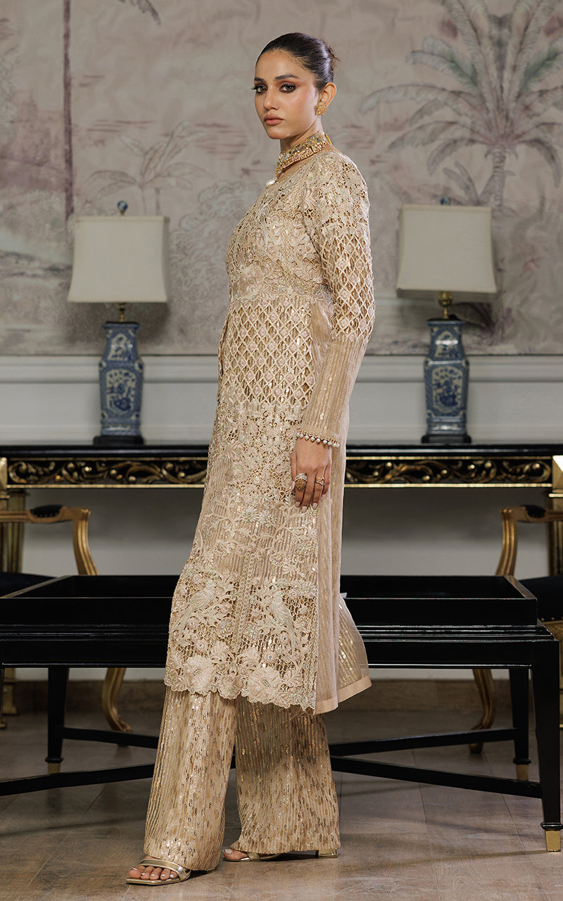 Champagne Embroidered Organza Jacket & Sequinned Trouser (2-Piece) - Image 3