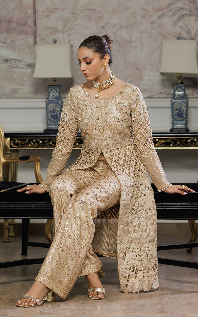 Champagne Embroidered Organza Jacket & Sequinned Trouser (2-Piece) - Image 5