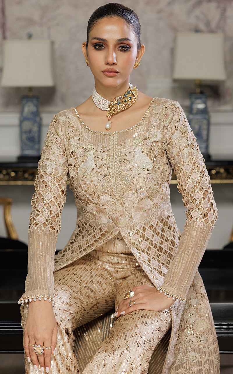 Champagne Embroidered Organza Jacket & Sequinned Trouser (2-Piece) - Image 6